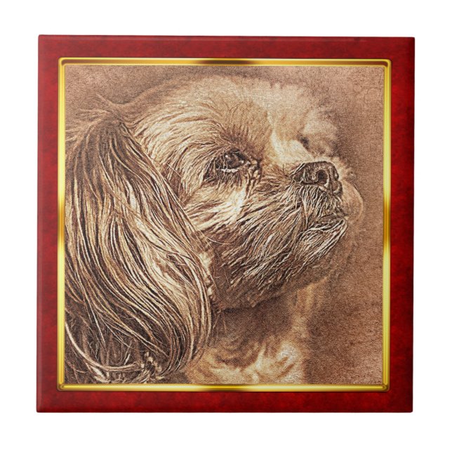 Azulejo Impresión abstracta de perro enmarcada en rojo y d (Frente)
