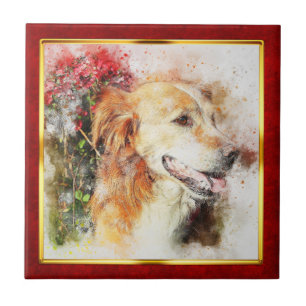 Azulejo Impresión abstracta de perro enmarcada en rojo y d