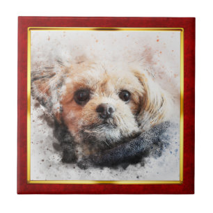 Azulejo Impresión abstracta de perro enmarcada en rojo y d
