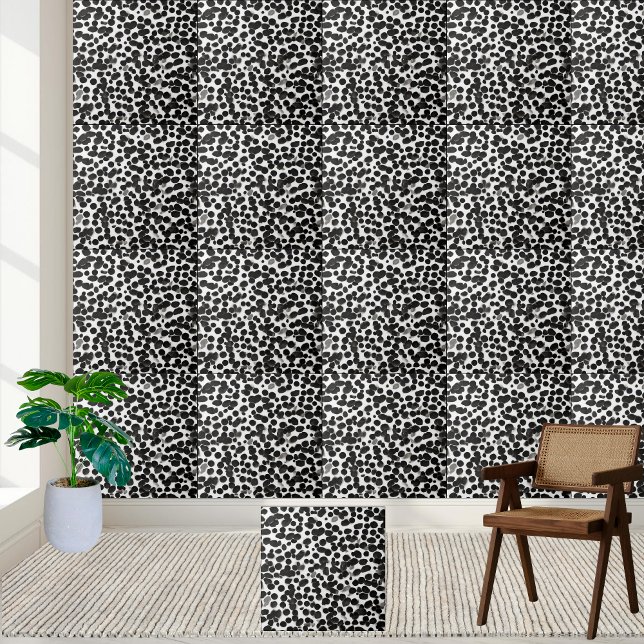 Azulejo Impresión dálmata moderna en blanco negro brillant (Dalmatian Print Modern Black White Glossy Ceramic Tile)