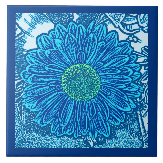 Azulejo Impresión de bloques de margarita Gerbera, azul ce (Frente)