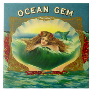 Azulejo Impresión de etiqueta de cigarro de sirena oceánic