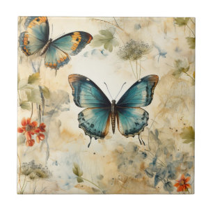 Azulejo Impresión de jardín botánico de mariposa azul turq