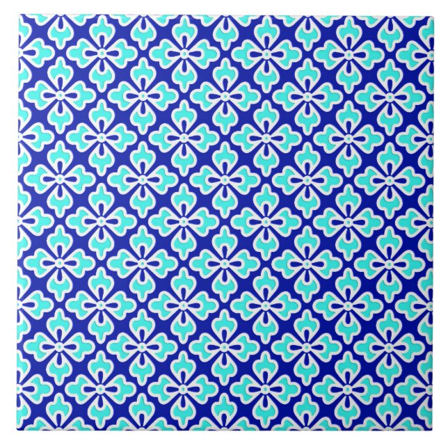 Azulejo Impresión de kimono floral, azul turquesa y cobalt (Frente)