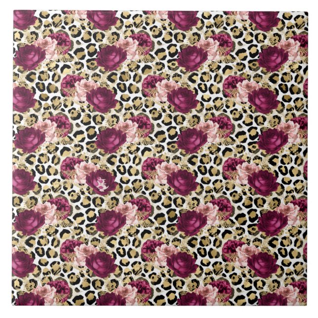 Azulejo Impresión de Leopardo Floral Rosa Girona Gold (Frente)