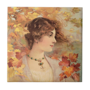 Azulejo Impresión de Mujer de Otoño Art Nouveau con Follaj