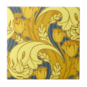 Azulejo Impresión de patrón de tulipán: Arte Nouveau azul