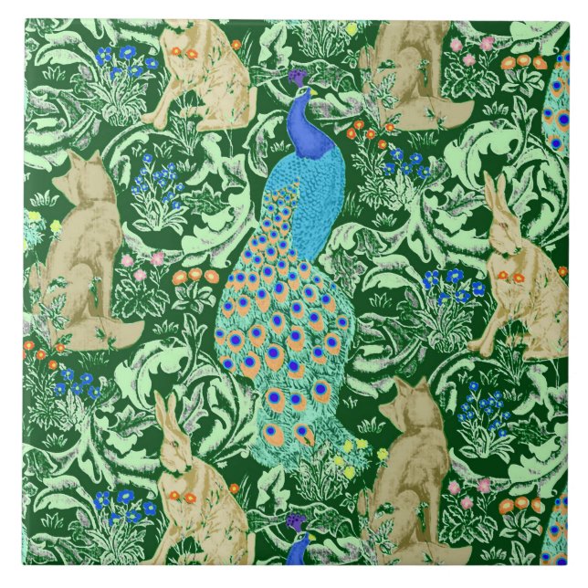 Azulejo Impresión del pavo real de Nouveau del arte, azul (Frente)