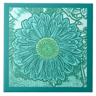 Azulejo Impresión en bloque de Gerbera Daisy, turquesa y a