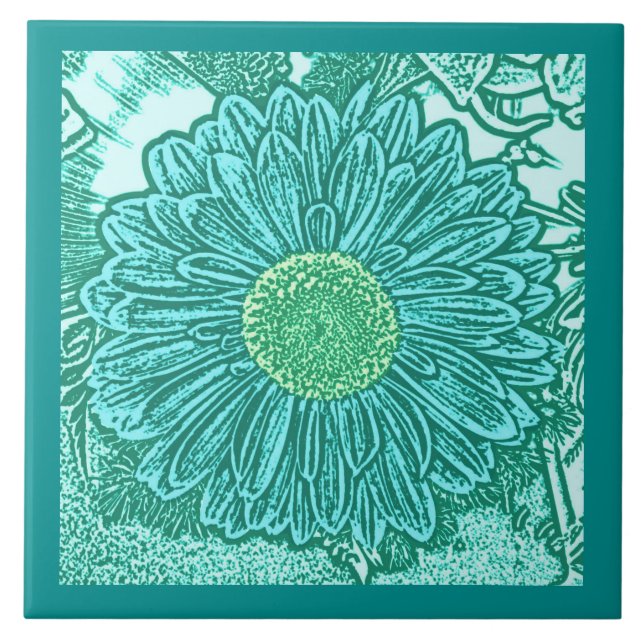 Azulejo Impresión en bloque de Gerbera Daisy, turquesa y a (Frente)