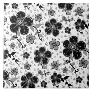 Azulejo Impresión floral en blanco y negro