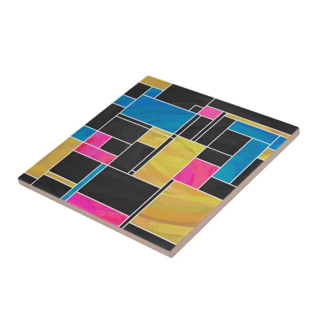 Azulejo Impresión negra rosa azul mondriana (Lado)