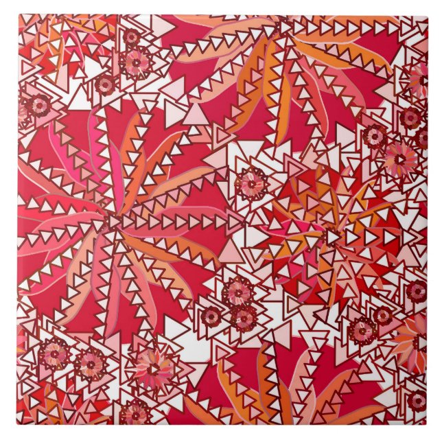Azulejo Impresión tribal de Mandala, rojo coral y blanco (Frente)