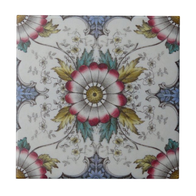 Azulejo Impresión y tinte verde azul rojo repro victoriano (Frente)