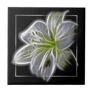 Azulejo Impresionante arte fractal de lirio blanco negro