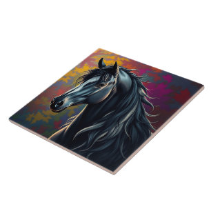 Azulejo Impresionante caballo negro Friesian en otoño