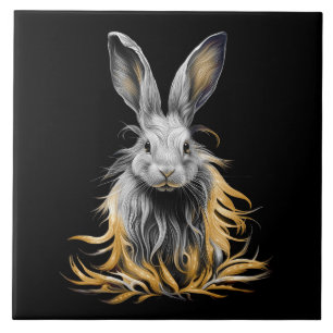 Azulejo Impresionante conejo gris en llamas