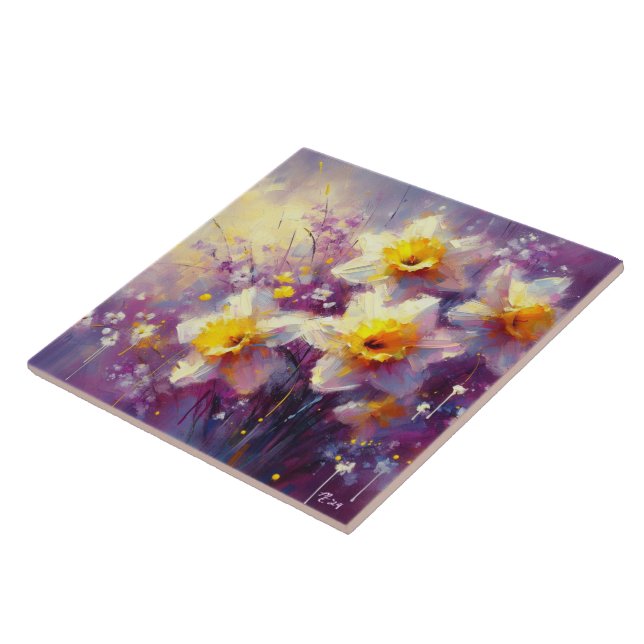 Azulejo Impresionante Daffodil Floral Purple Yellow Art (Lado)