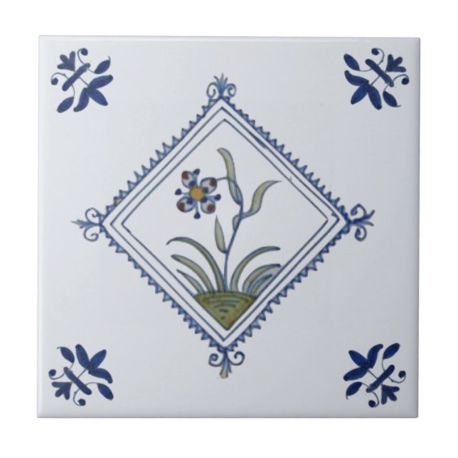 Azulejo Impresionante Delft Diamante Framed Floral Blue Mu (Frente)