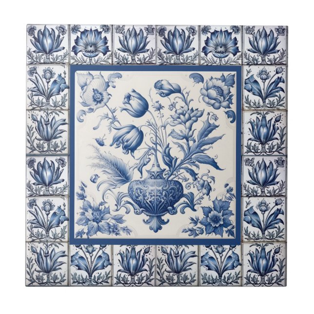 Azulejo Impresionante floral Blue toile de jouy monograma (Frente)