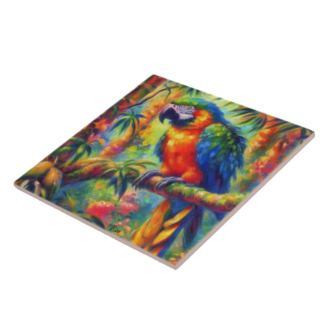 Azulejo Impresionante Loro Tropical Pájaro Azul Verde (Lado)