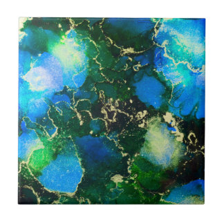Azulejo Impresionante pintura azul y dorada de tinta de al