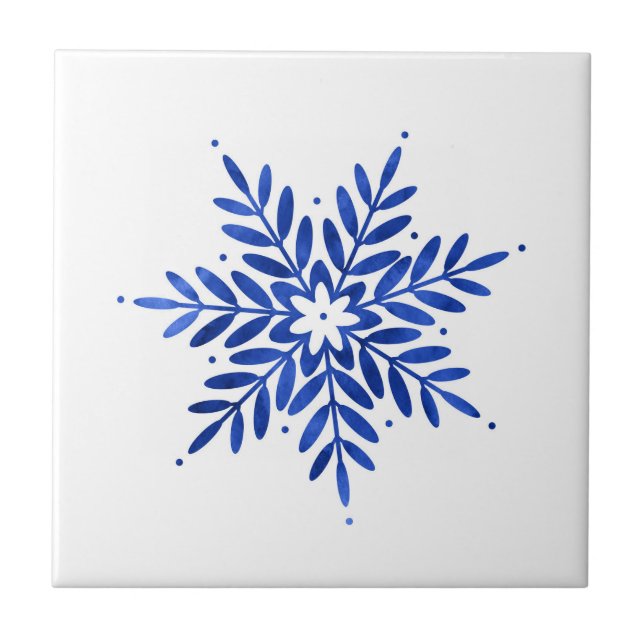 Azulejo Indigo Blue Watercolor Resumen Snowflake (Frente)