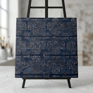 Azulejo Índigo Rústico Azul Damask Sobre Madera Rascada