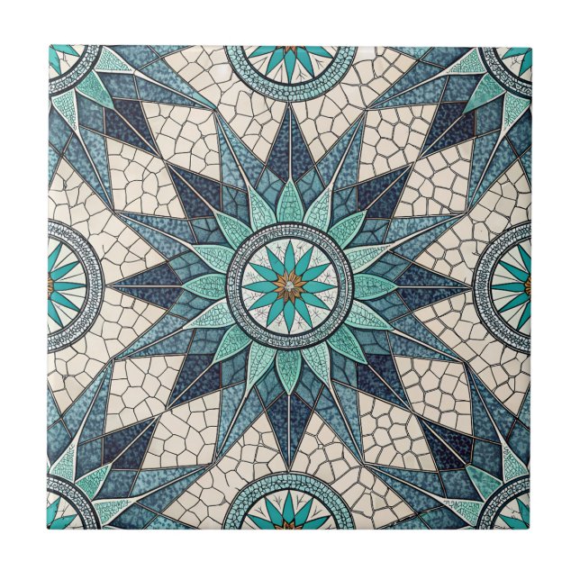 Azulejo Indigo Teal Compass Mosaic – Stained Glass (Frente)