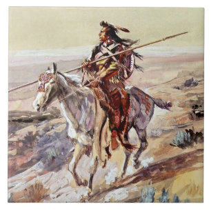 Azulejo “Indio con lanza” Arte vaquero de Charles Russell