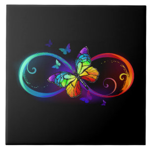 Azulejo Infinito vibrante con mariposa arco iris sobre neg