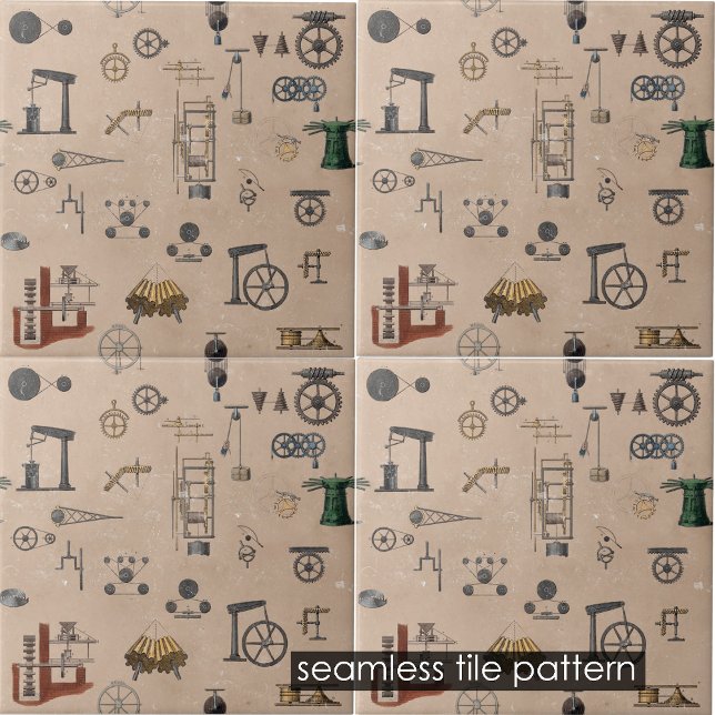 Azulejo Ingeniería Antigua Mecánica Científica Sin Marea (Antique Engineering Mechanical Scientific Seamless Ceramic Tile)