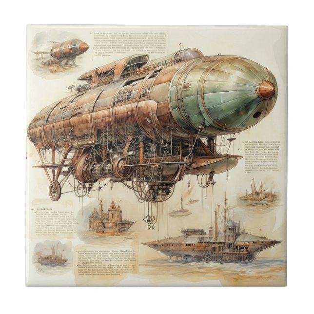 Azulejo Ingeniería de Dirigible de Latón Retro Futurista (Frente)