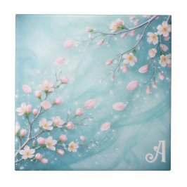 Azulejo Iniciales de Flor de Cerezo Turquesa Elegantes