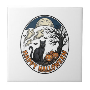 Azulejo Insígnia de gato vintage de Halloween fantasma a l