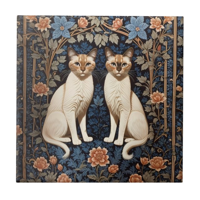 Azulejo Inspiración de dos gatos siameses William Morris (Frente)