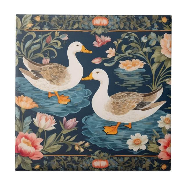 Azulejo Inspiración de William Morris, dos pollos elegante (Frente)