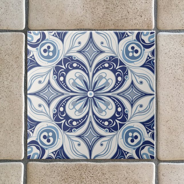 Azulejo Inspiración mediterránea Flor azul geométrica (Subido por el creador)