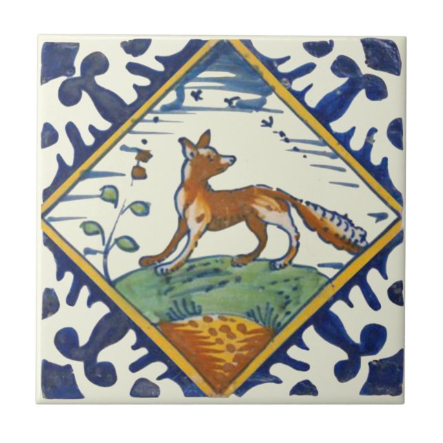 Azulejo Inusual Repro Delft Fox con pájaros volando escena (Frente)
