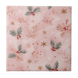 Azulejo Invierno Rosa - Hojas de Acebo y Copos de Nieve