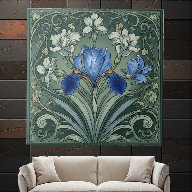 Azulejo Iris azul Art Deco Flor Motivos Botánico (Art Deco Blue Iris Bloom Floral Motifs Botanical Ceramic Tile)