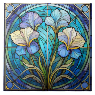 Azulejo Iris Floral Izquierda Art Nouveau Azul Verde Retro