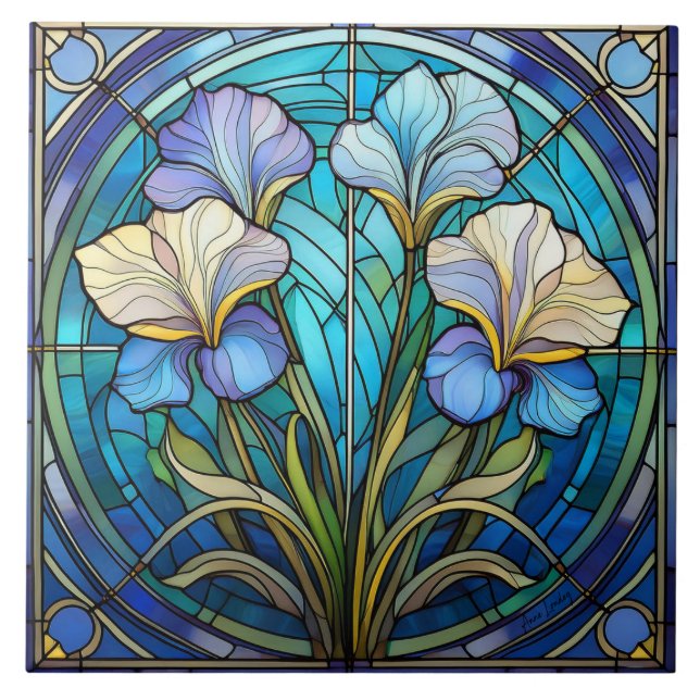 Azulejo Iris floral izquierdo Art Nouveau Retro Verde Azul (Frente)