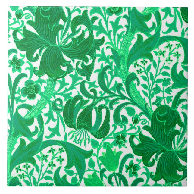 Azulejo Iris y lirio, verde de William Morris de jade (Frente)