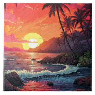 Azulejo Isla paradisíaca de playa tropical al atardecer