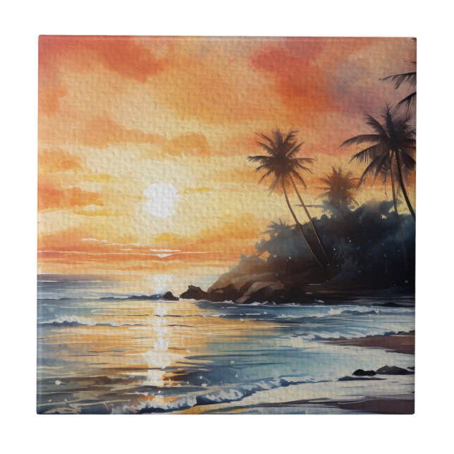 Azulejo Isla Tropical Ocean Beach Sunset Decorativo (Frente)