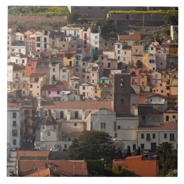 Azulejo Italia, Cerdeña, Bosa. Vista de la ciudad con Cast (Frente)