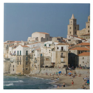 Azulejo Italia, Sicilia, Cefalù, vista de la ciudad con Du