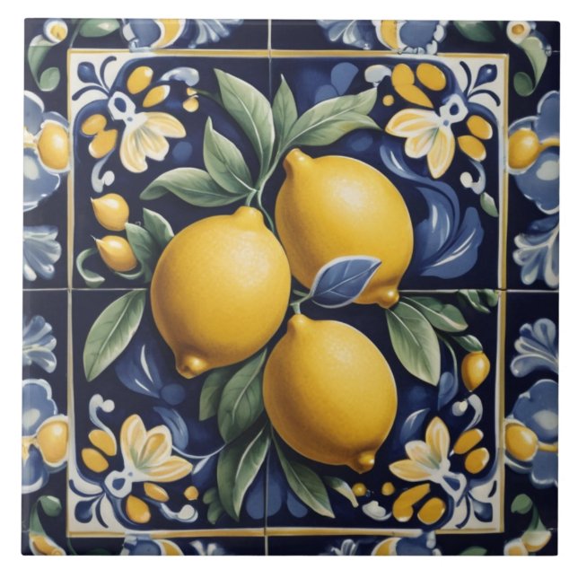 Azulejo Italian Lemon Folk Art Dark Navy Blue Folksy (Frente)
