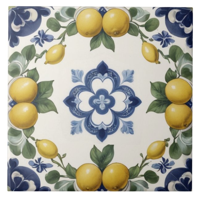 Azulejo Italian Lemons & Citrus Fruit with Blue Clover (Frente)